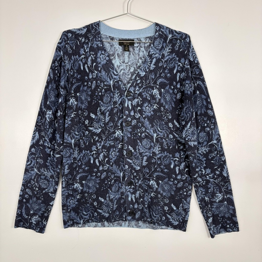Club Room Sweater Womens Medium Blue 100% Cashmere Floral Cardigan V Neck Print